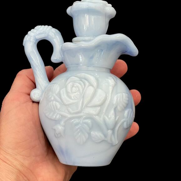Vintage Avon Blue Milk Glass Pitcher w/ Stopper 1978 Victorian Rose Floral - Picture 3 of 11